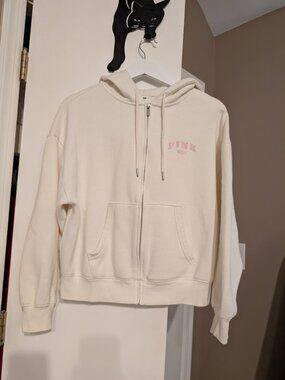 Victoria's Secret PINK Ivy Fleece Campus Full-Zip Hoodie Winter White S EUC